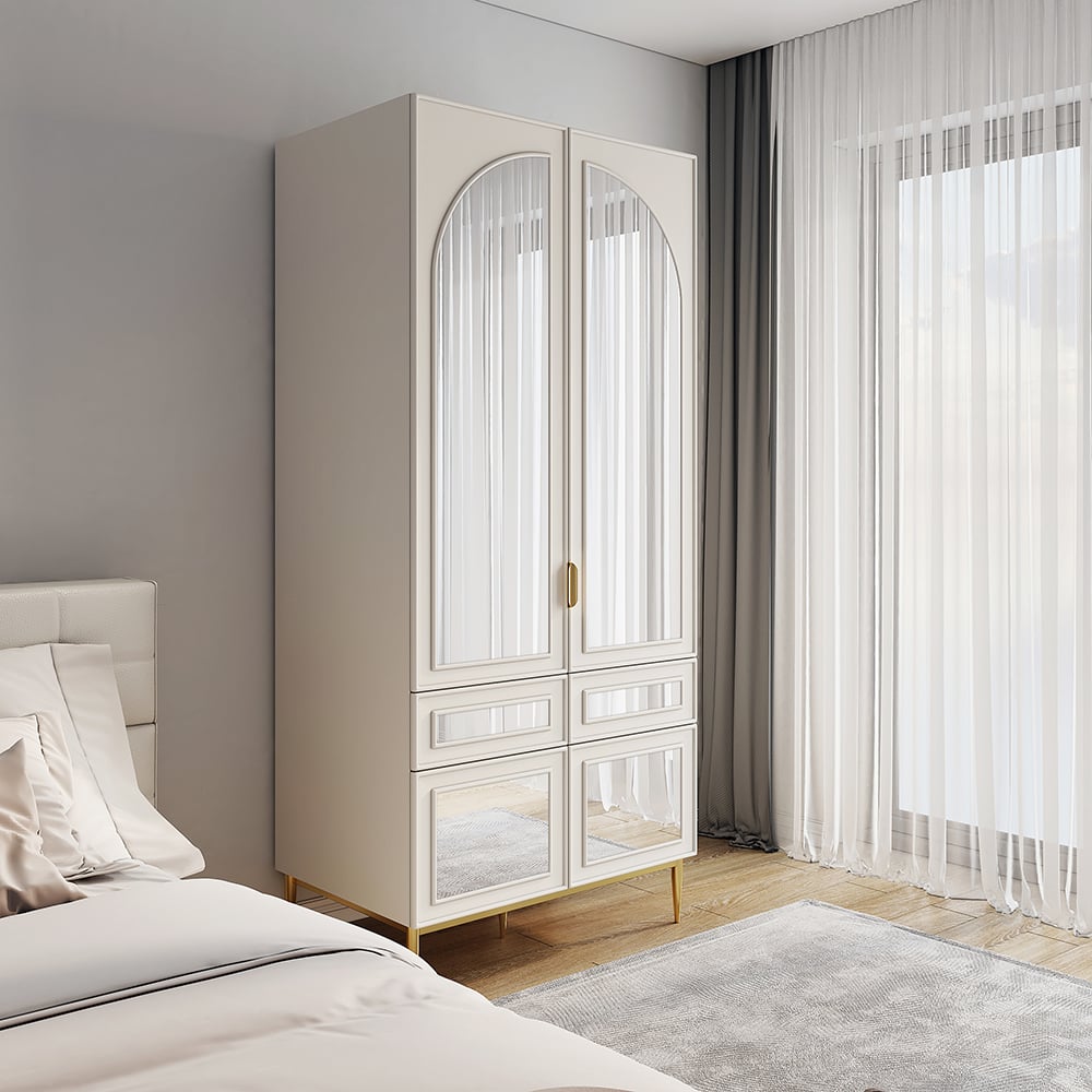 Avis Clients sur Armoire à vêtements blanche de ferme moderne avec miroir cintré, 2 tiroirs et 4 portes