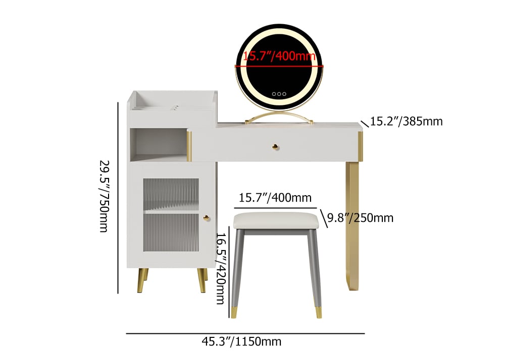 Modern White Retractable Makeup Vanity Set with Side Cabinet Dressing Table with Light weights dimensions image