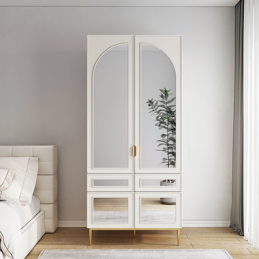 Avis Clients sur Armoire à vêtements blanche de ferme moderne avec miroir cintré, 2 tiroirs et 4 portes
