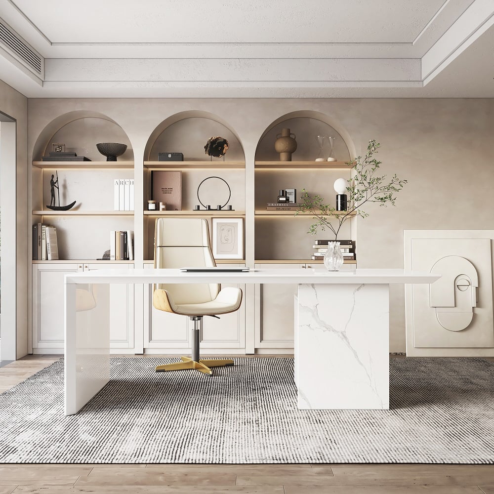 Questions and Answers for Modern White Home Office Desk with Movable File Cabinet (70.9")
