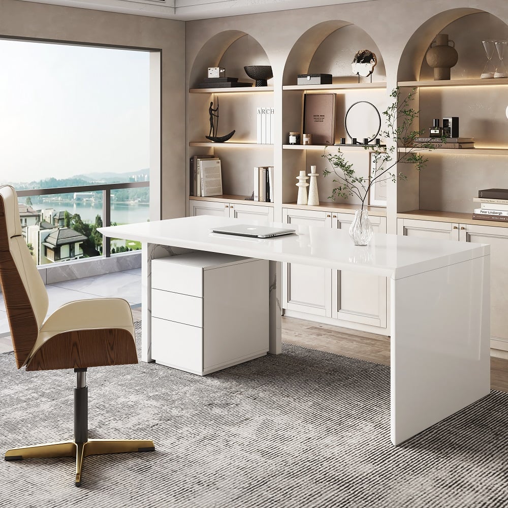 Questions and Answers for Modern White Home Office Desk with Movable File Cabinet (70.9")