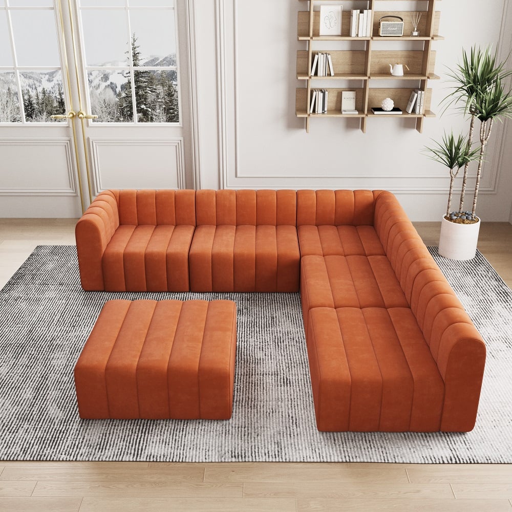 Orange Velvet Modular Sectional Sofa - 6 Seater