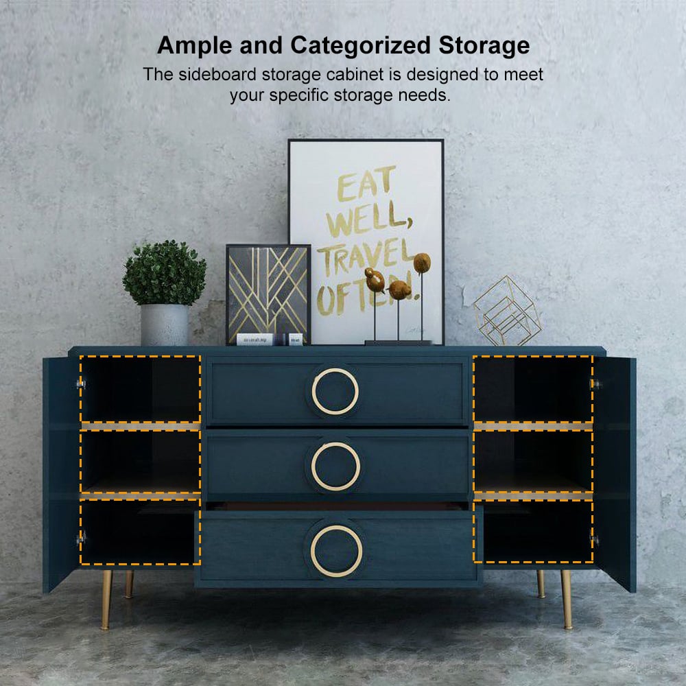 Questions and Answers for Rindix Blue Sideboard Cabinet Gold Credenza Drawers & 2 Doors 47.2'' Mid-Century