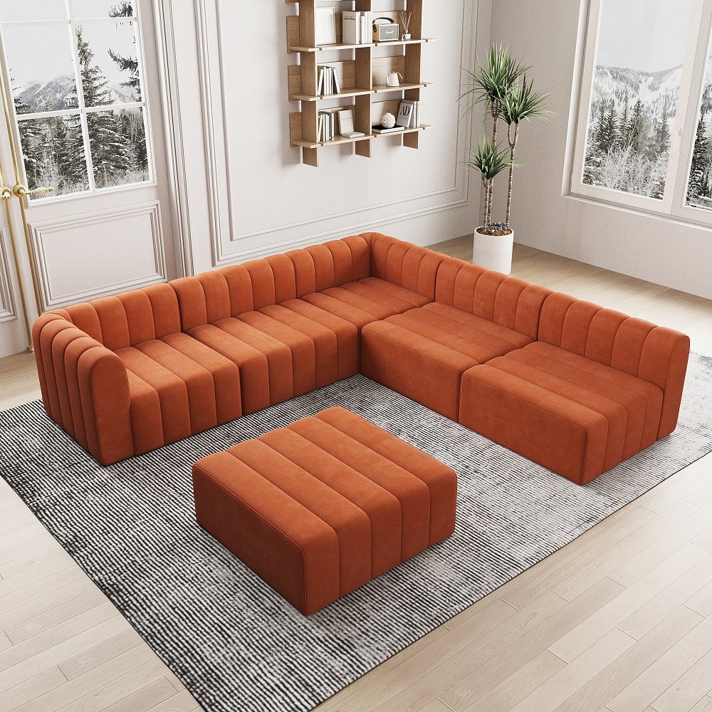 Orange Velvet Modular Sectional Sofa - 6 Seater