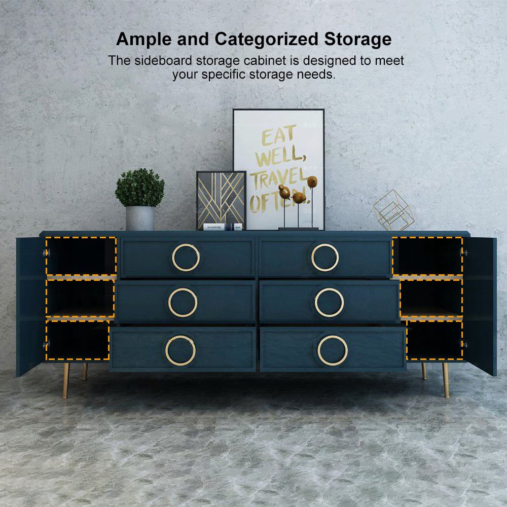 Questions et Réponses pour Rindix Buffet bleu avec tiroirs crédence dorés et 2 portes 1600 mm milieu du siècle