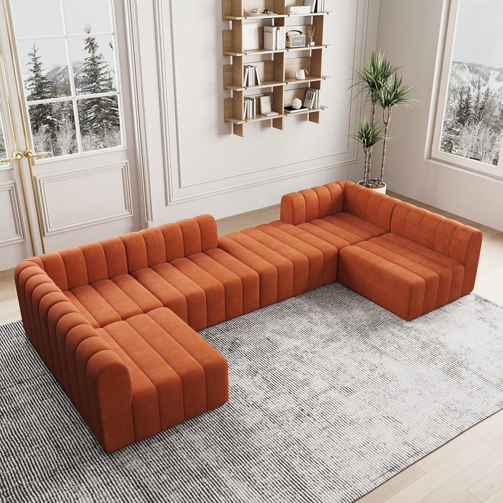 Orange Velvet Modular Sectional Sofa - 6 Seater