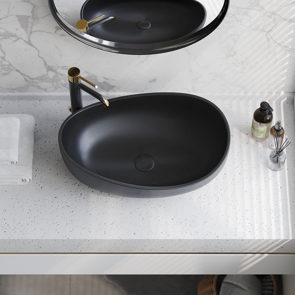 Reseñas de Clientes para Lavabo ovalado de resina para baño, de piedra, de arte moderno, negro mate con desagüe desplegable