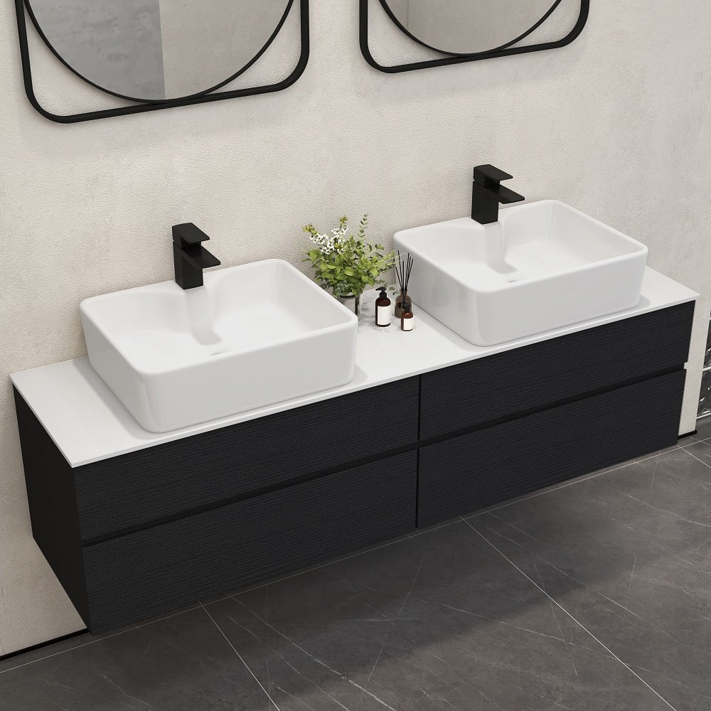 Preguntas y Respuestas para Moderno tocador de baño doble flotante de 152 cm con encimera de resina de piedra, lavabo de cerámica
