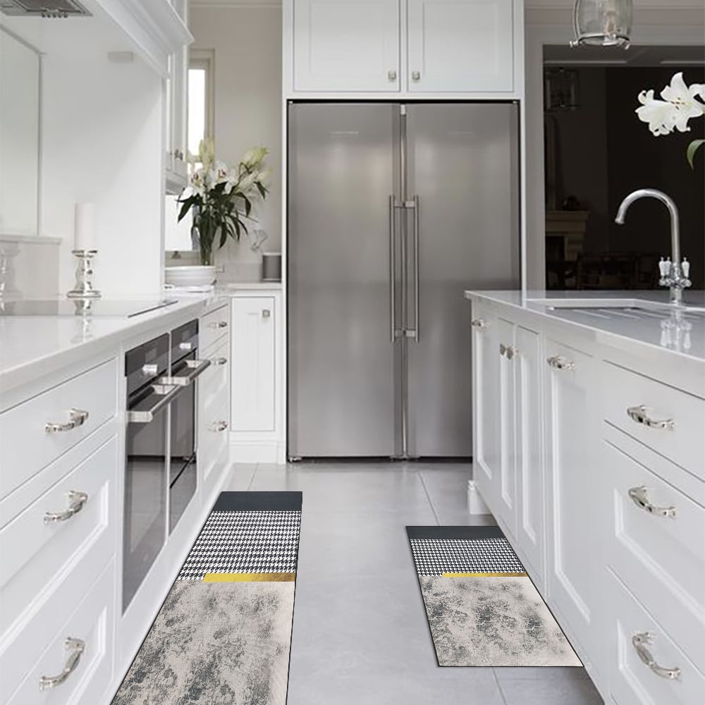 Questions et Réponses pour Ensemble de 2 tapis de cuisine modernes à dégradé géométrique doré, lavables, antidérapants