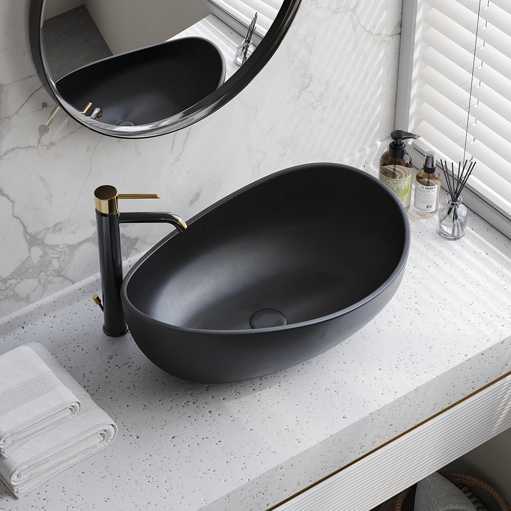 Reseñas de Clientes para Lavabo ovalado de resina para baño, de piedra, de arte moderno, negro mate con desagüe desplegable