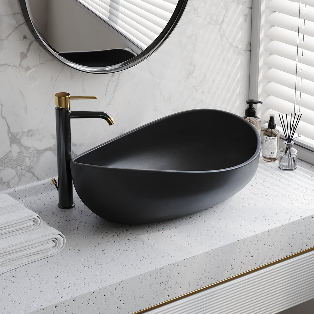 Reseñas de Clientes para Lavabo ovalado de resina para baño, de piedra, de arte moderno, negro mate con desagüe desplegable