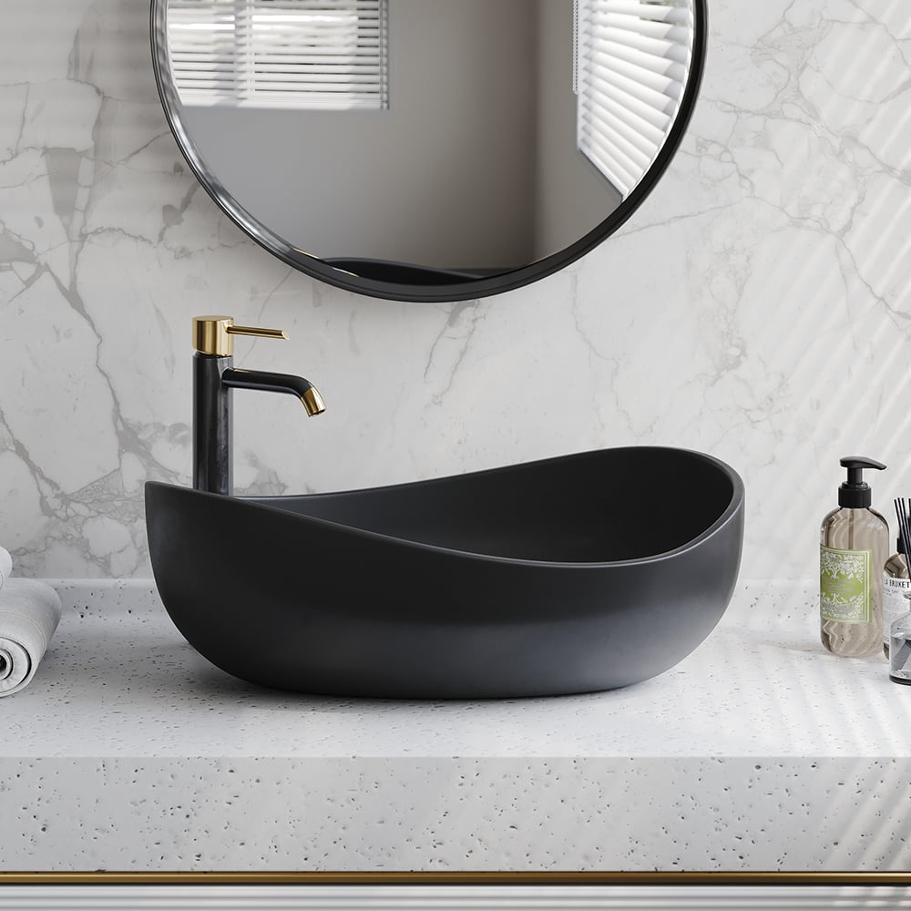 Reseñas de Clientes para Lavabo ovalado de resina para baño, de piedra, de arte moderno, negro mate con desagüe desplegable