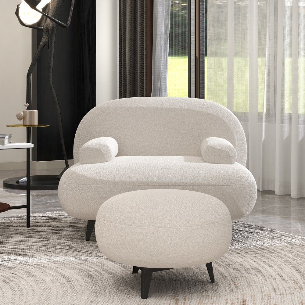 Questions et Réponses pour Fauteuil d'appoint moderne à boucle blanc crème avec pouf, ensemble pouf, chaise longue avec repose-pieds