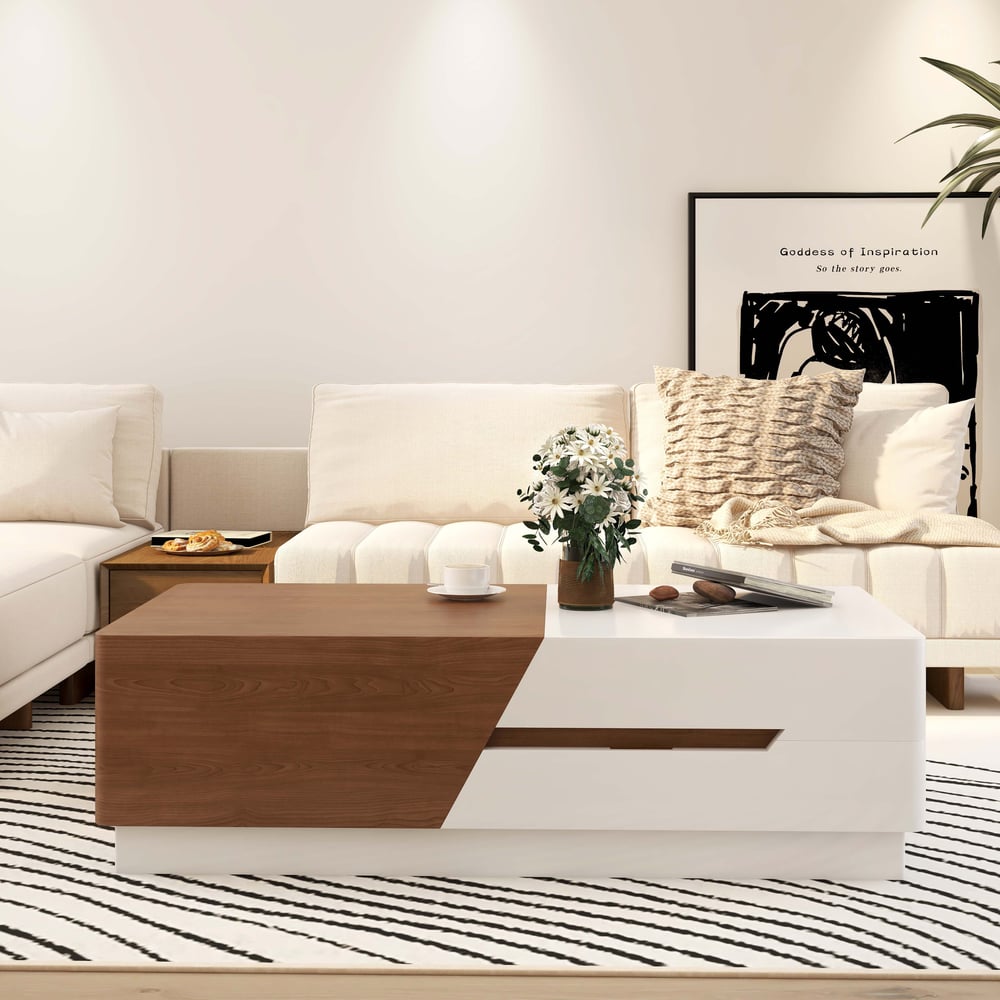 Questions and Answers for Pinkle 2085mm Modern Wood Extendable Sliding Top Coffee Table with Storage White & Waln