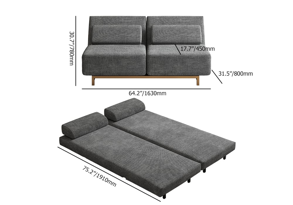 64" Queen 2-Seater Linen Convertible Futon Bed with Pillows weights dimensions image