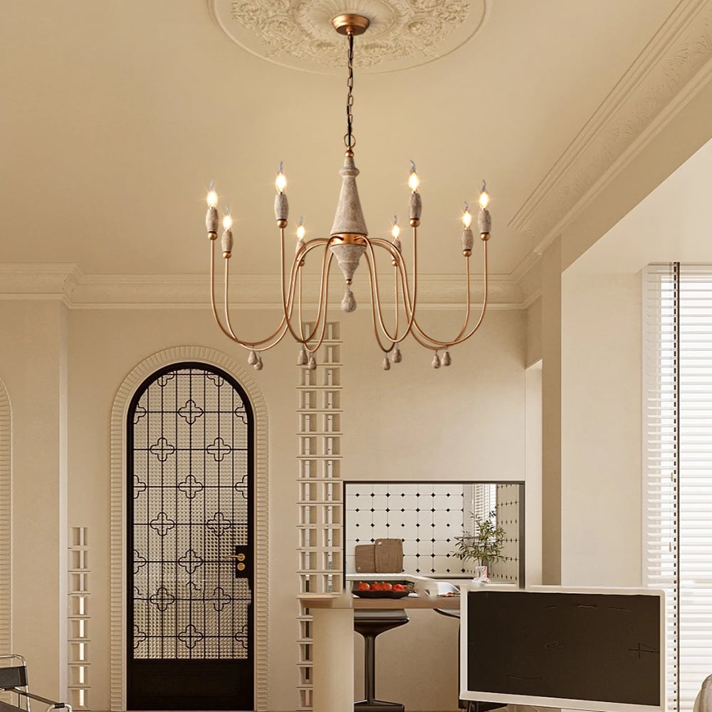 Otázky a odpovědi pro Moderní statek z poloviny století, 8-světelný lustr ve stylu svíček, dřevěné závěsné světlo ve zlatě