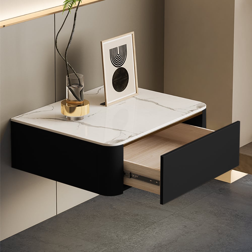 Recensioni dei clienti per Comodino galleggiante moderno nero a 1 cassetto con piano in pietra sinterizzata
