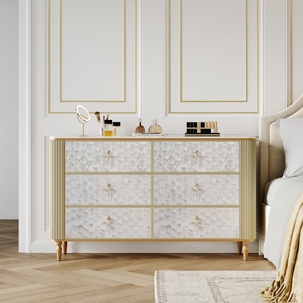 Questions et Réponses pour Commode Art déco à 6 tiroirs Capiz Shell, armoire de rangement beige avec dessus en pierre frittée