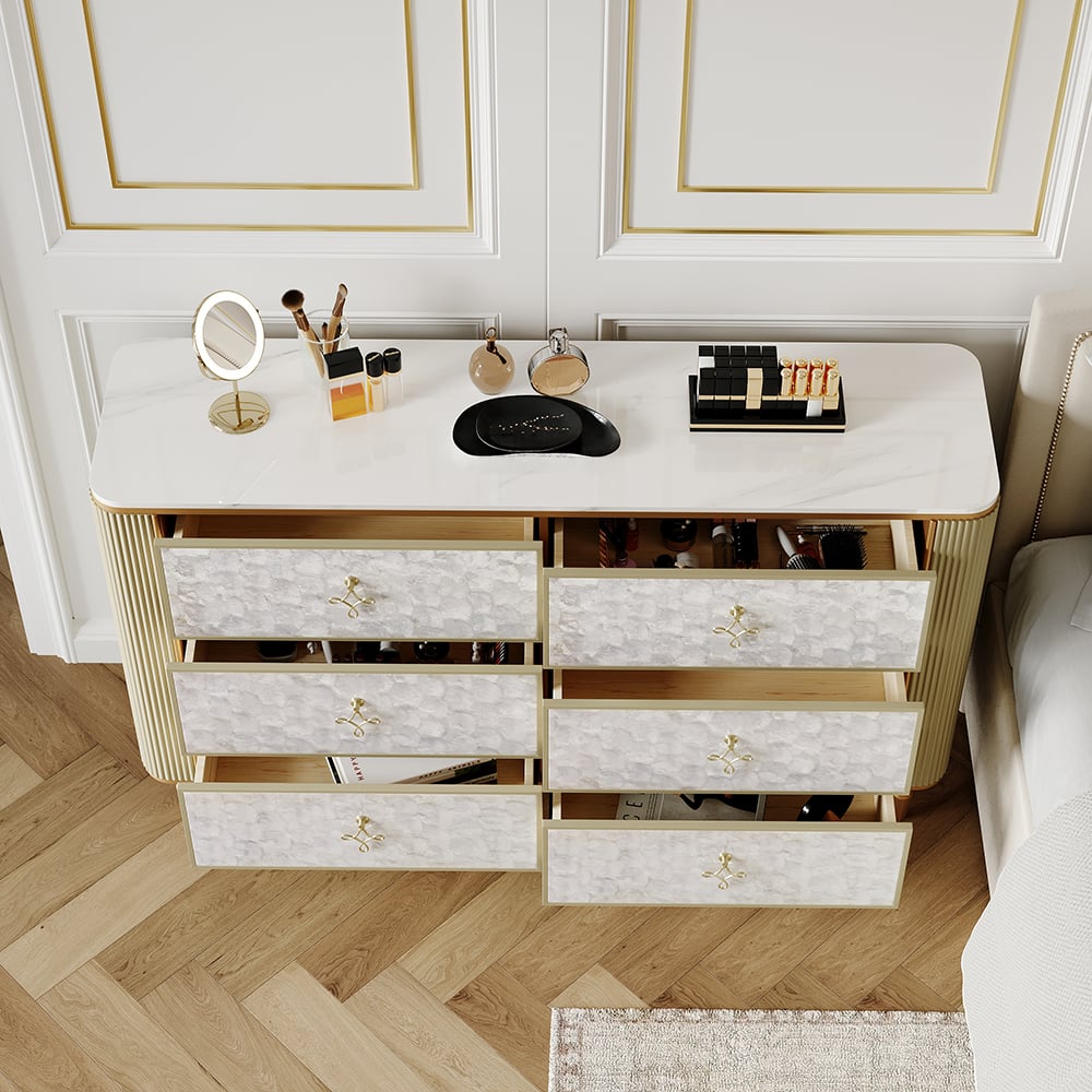 Questions and Answers for Art Deco 6-Drawer Dresser Capiz Shell Beige Chest Storage Cabinet with Sintered Stone Top
