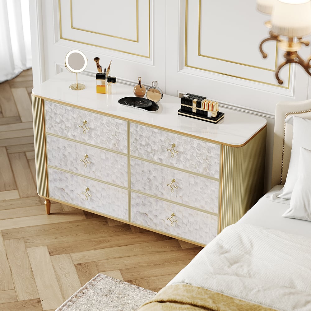 Questions et Réponses pour Commode Art déco à 6 tiroirs Capiz Shell, armoire de rangement beige avec dessus en pierre frittée