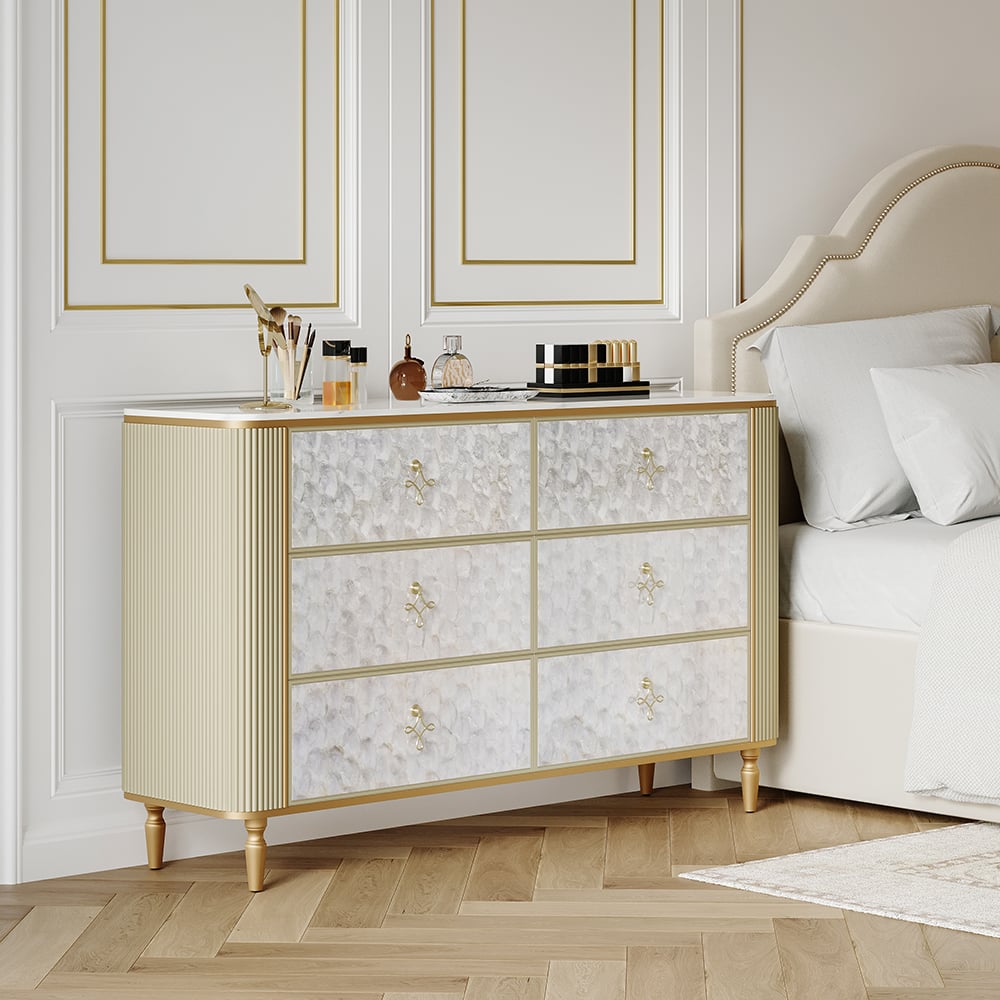 Questions et Réponses pour Commode Art déco à 6 tiroirs Capiz Shell, armoire de rangement beige avec dessus en pierre frittée