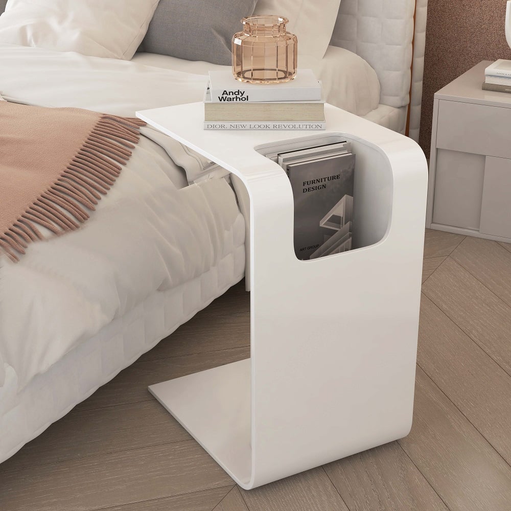 Questions and Answers for C-Shaped White Convertible Wood Side Table with Storage