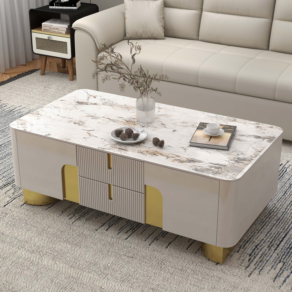 Customer Reviews for Artus Modern Beige Rectangle Large Coffee Table Drawers Sintered Stone Gold Base