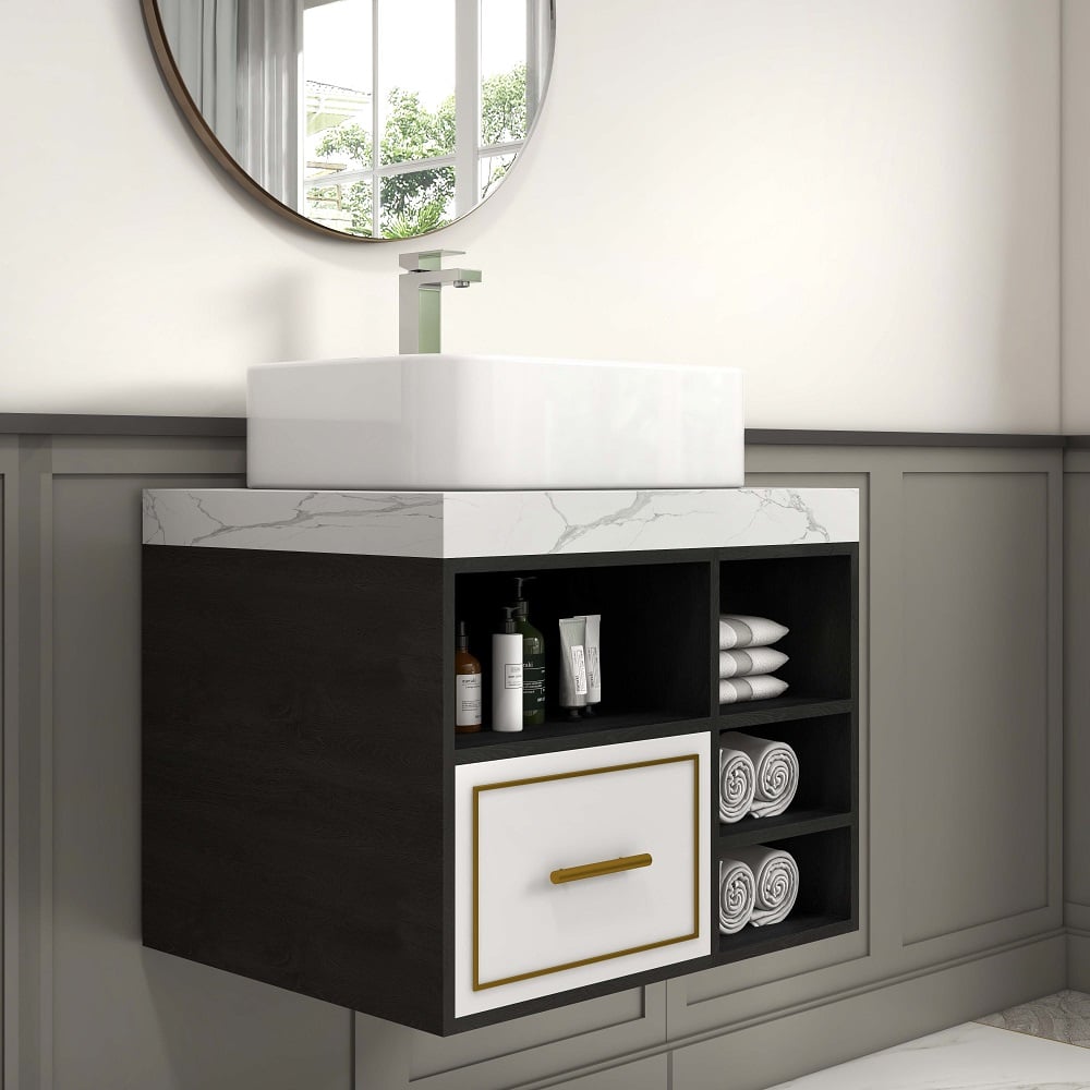 Customer Reviews for 600mm Modern Bathroom Floating Vanity Faux Marble Vanity Ceramic Basin with Drawer