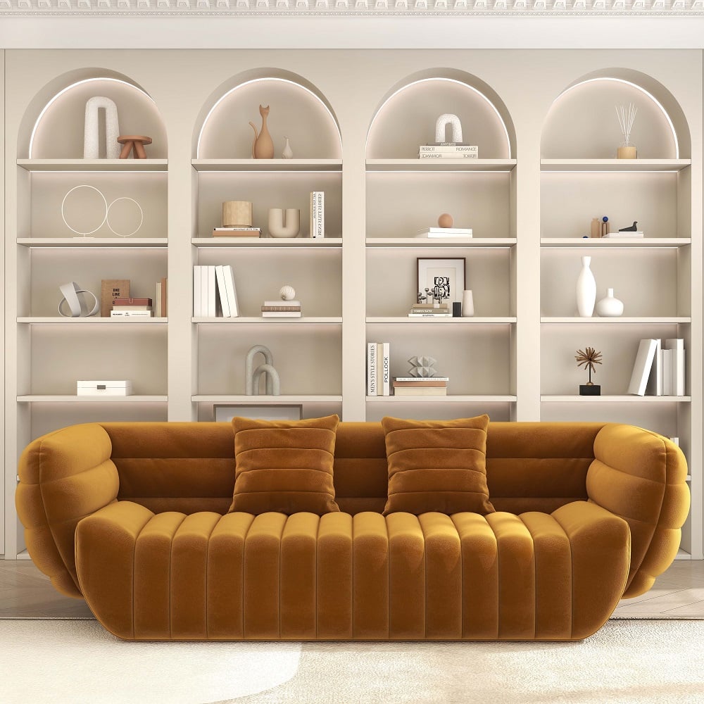 Domande e risposte per Divano scanalato imbottito in velluto giallo da 85 pollici Divano di lusso a 3 posti