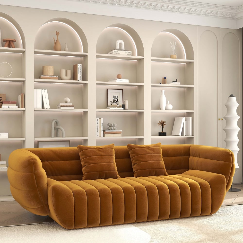 Domande e risposte per Divano scanalato imbottito in velluto giallo da 85 pollici Divano di lusso a 3 posti