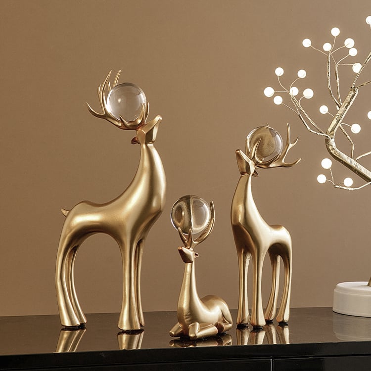Perguntas e respostas para Escultura de rena de resina dourada de 3 peças, decoração de veado de Natal, ornamento de arte, sala de estar