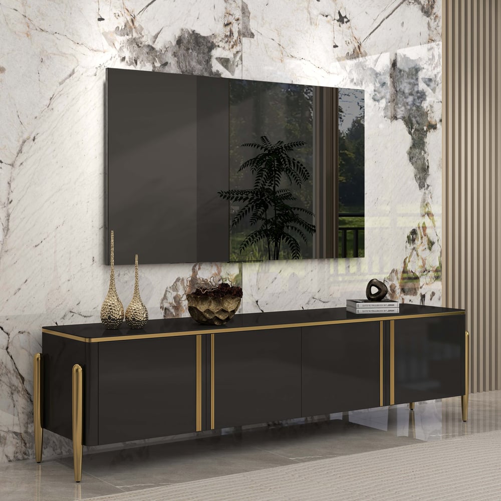 Questions and Answers for Black TV Stand Rectangle Tempered Glass Media Console with Storage Doors Up To 2159mm