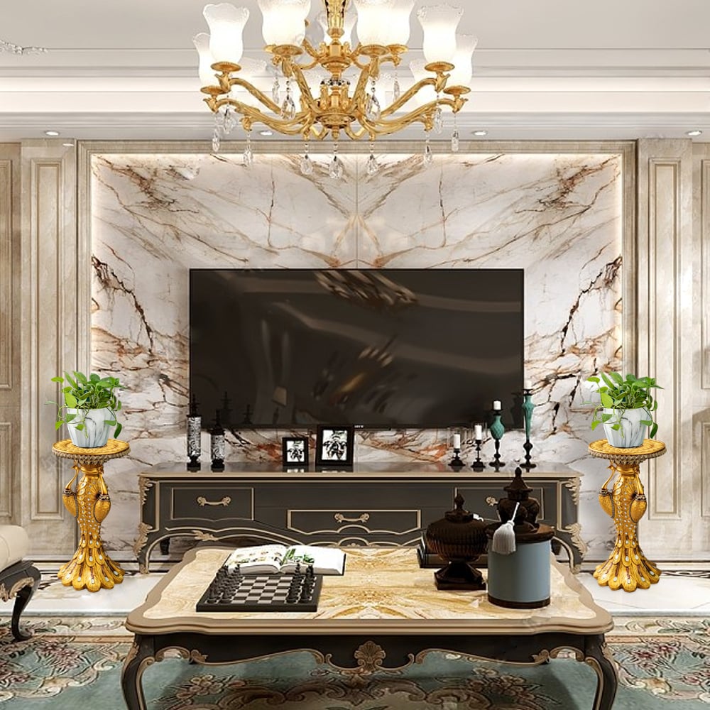 Questions et Réponses pour Piédestal européen vintage doré de 690 mm de haut, table d'appoint en forme de paon, sculpture en résine