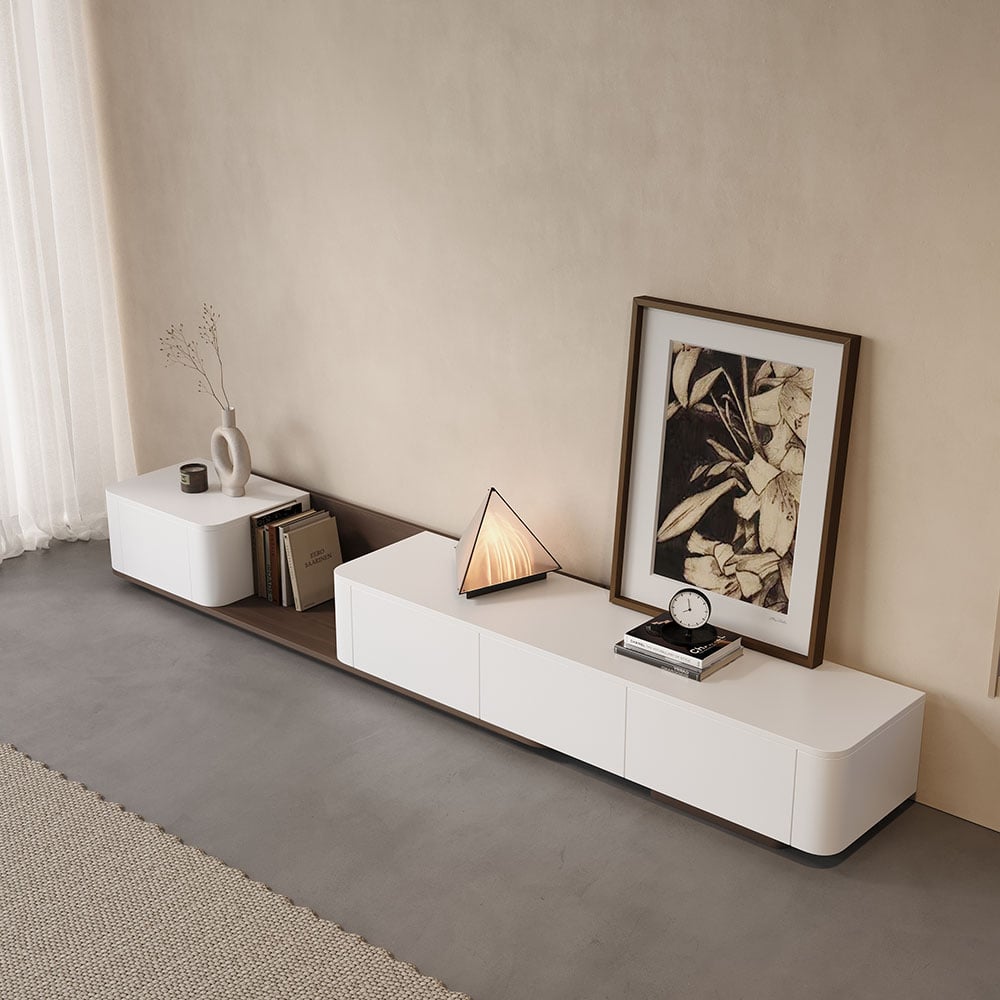 Avis Clients sur Meuble TV coulissant en bois avec 4 tiroirs en noyer et blanc, 274 cm