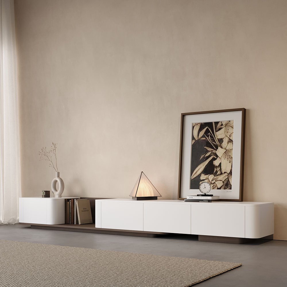 Avis Clients sur Meuble TV coulissant en bois avec 4 tiroirs en noyer et blanc, 274 cm