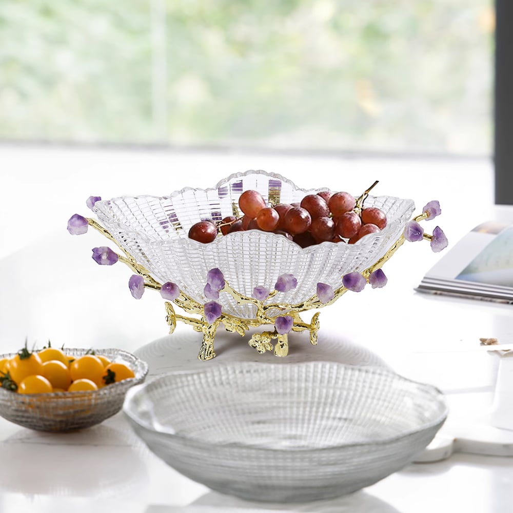 Questions and Answers for Glass Branch Fruit Bowl Decor Basket Decor Serving Tray in Gold & Purple