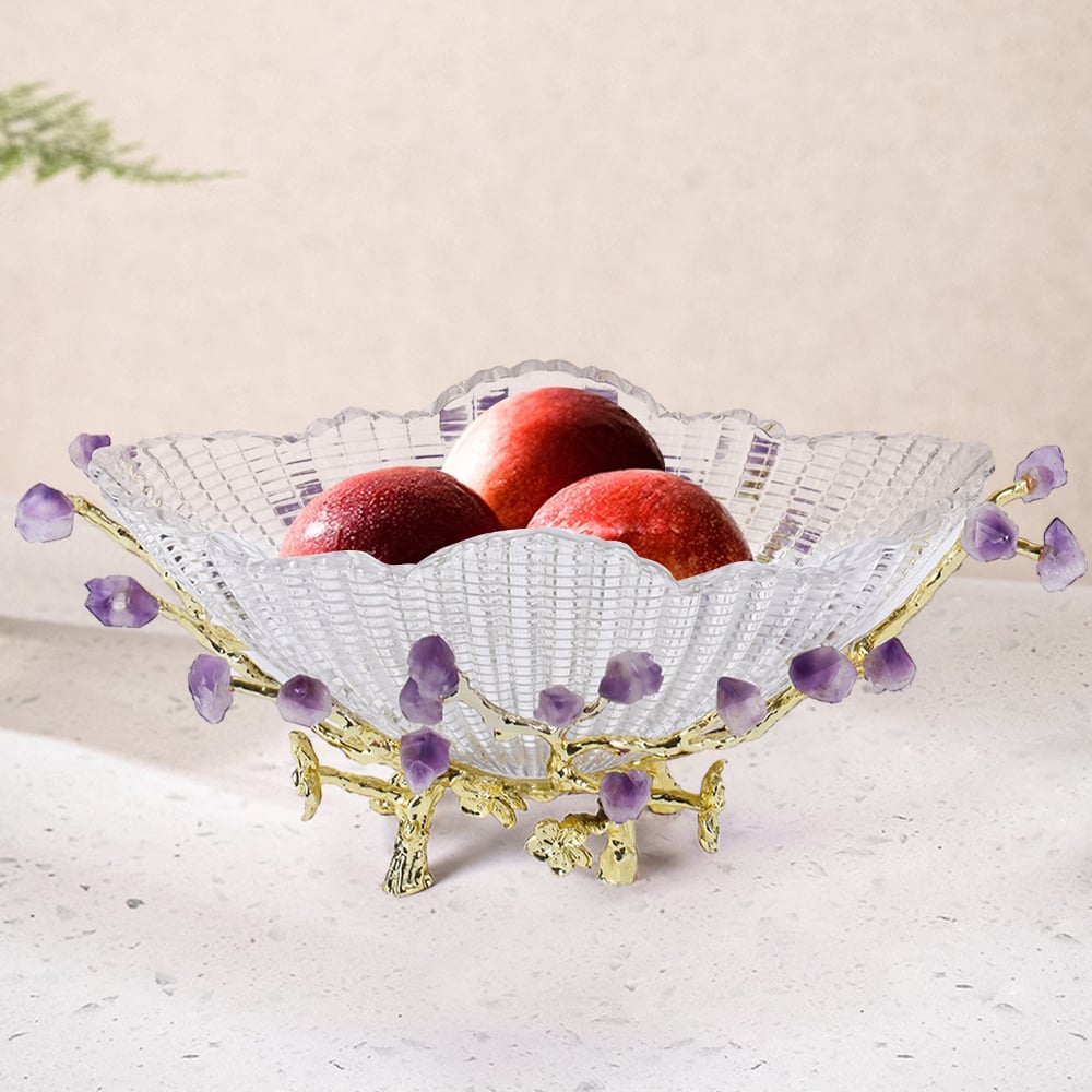 Questions and Answers for Glass Branch Fruit Bowl Decor Basket Decor Serving Tray in Gold & Purple