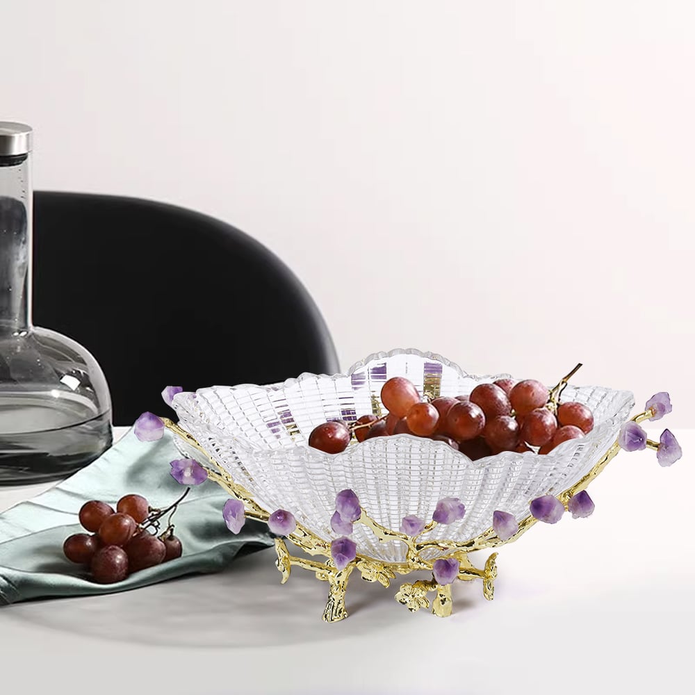 Questions and Answers for Glass Branch Fruit Bowl Decor Basket Decor Serving Tray in Gold & Purple