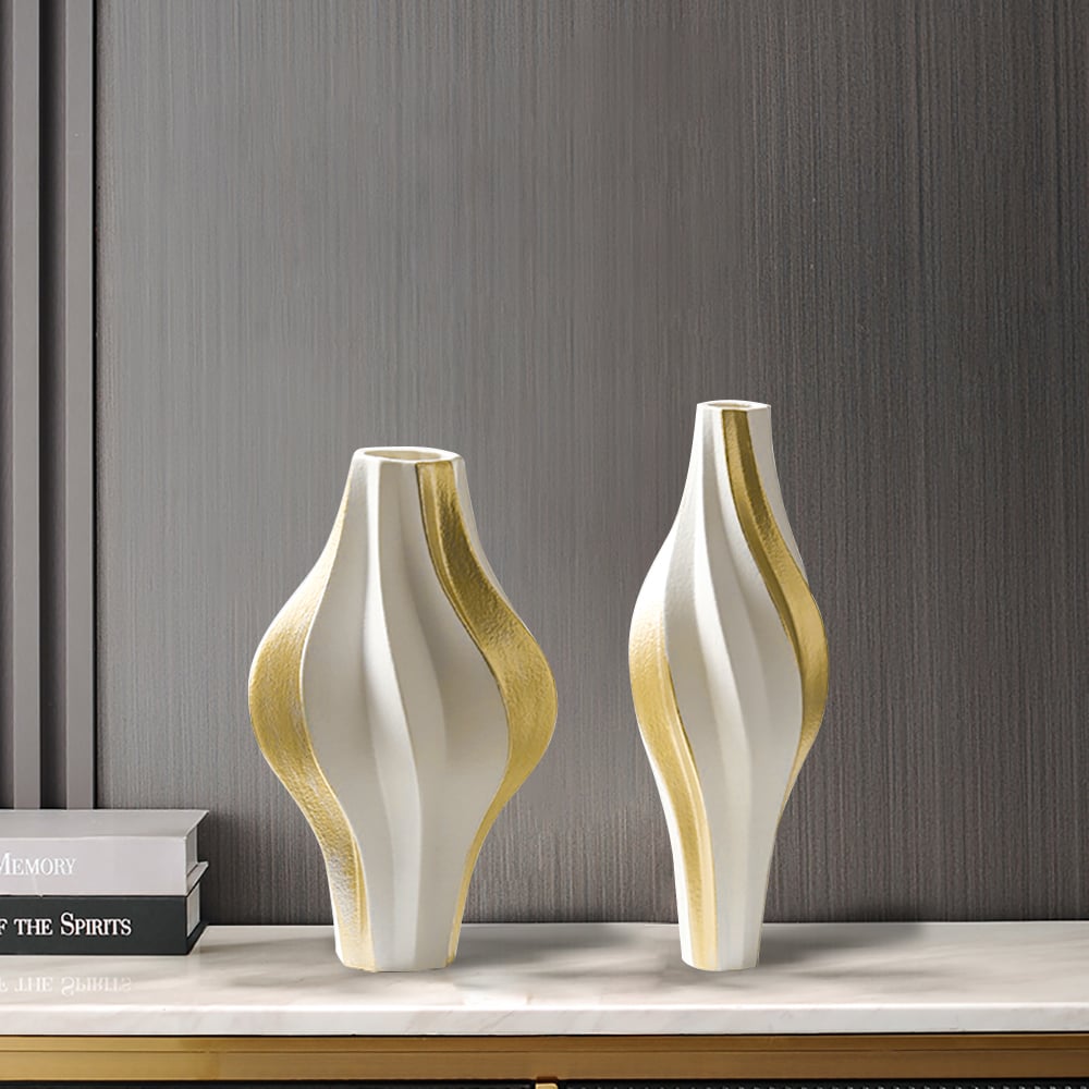 Questions and Answers for 2 Pieces Modern Resin Curved Lines Flower Vase Set Sculpture Decor Art in White & Gold