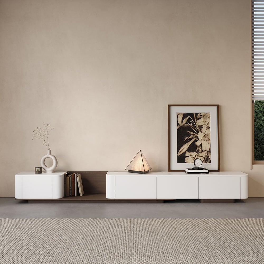 Avis Clients sur Meuble TV coulissant en bois avec 4 tiroirs en noyer et blanc, 274 cm