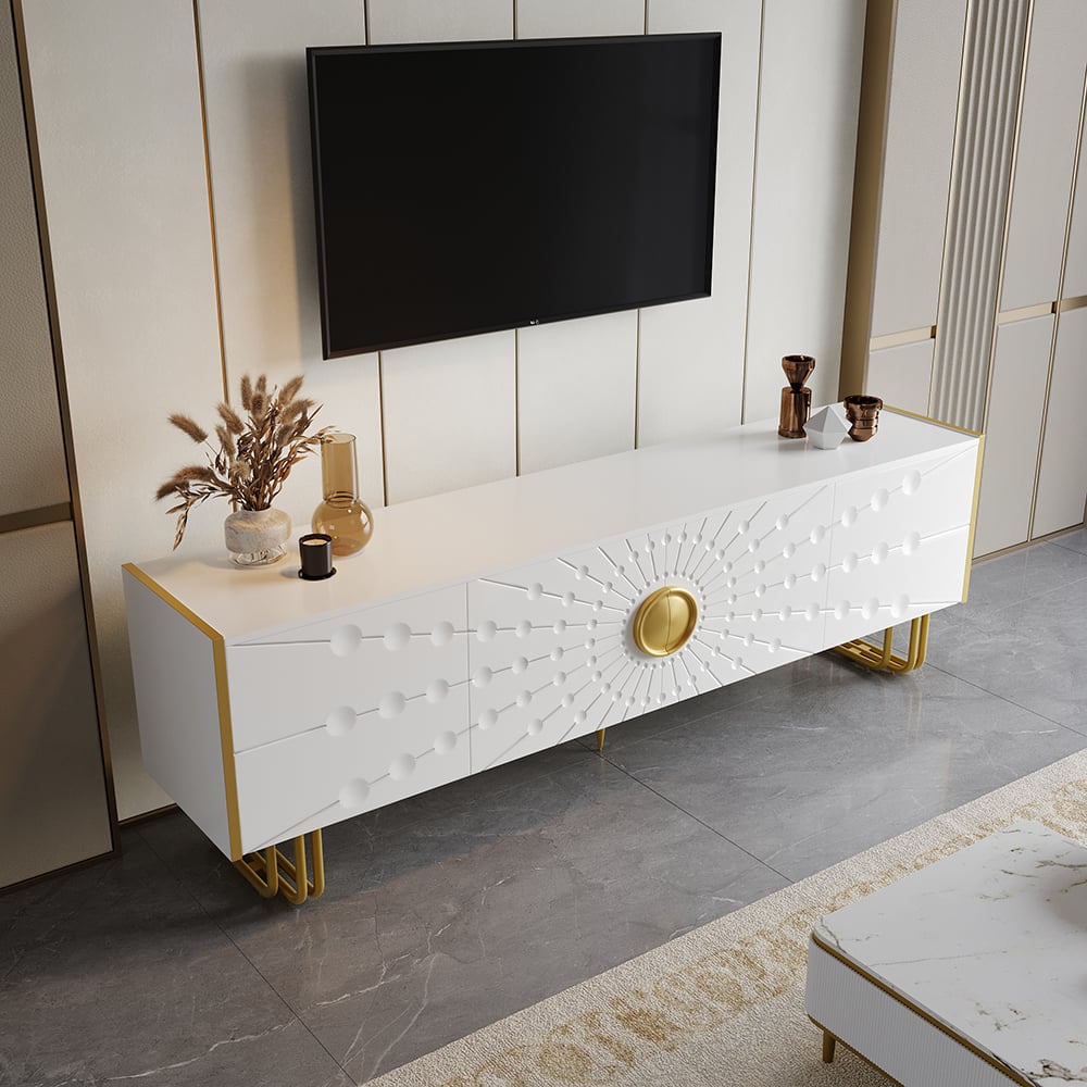 Questions et Réponses pour Meuble TV blanc Art déco 1800 mm avec 4 portes et 6 étagères