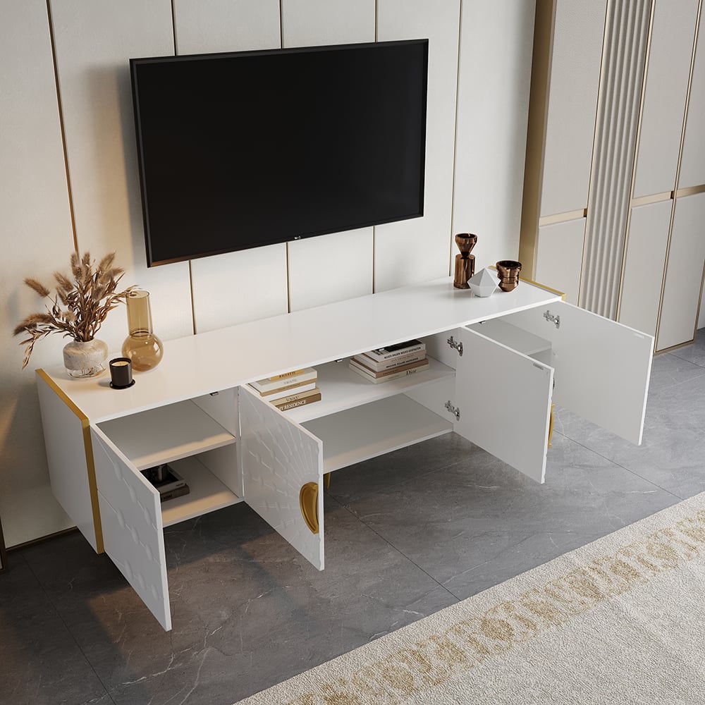 Questions et Réponses pour Meuble TV blanc Art déco 1800 mm avec 4 portes et 6 étagères