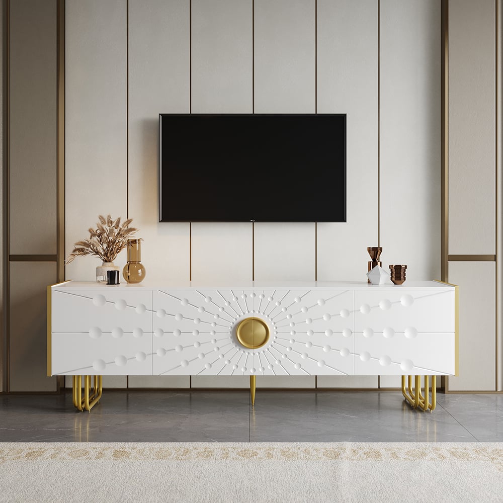Questions et Réponses pour Meuble TV blanc Art déco 1800 mm avec 4 portes et 6 étagères