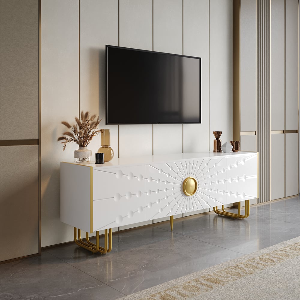 Questions et Réponses pour Meuble TV blanc Art déco 1800 mm avec 4 portes et 6 étagères