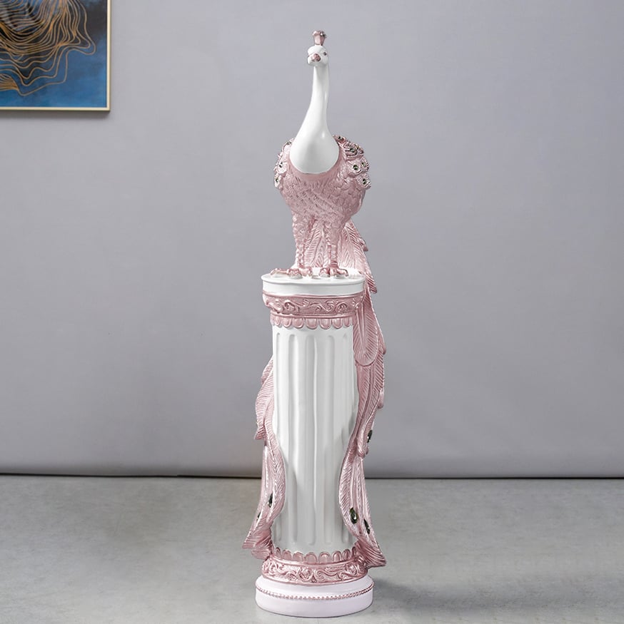 Avis Clients sur Grande sculpture de sol en forme de paon glam, 700 mm, décoration artistique, salon et chambre à coucher, en blanc et rose
