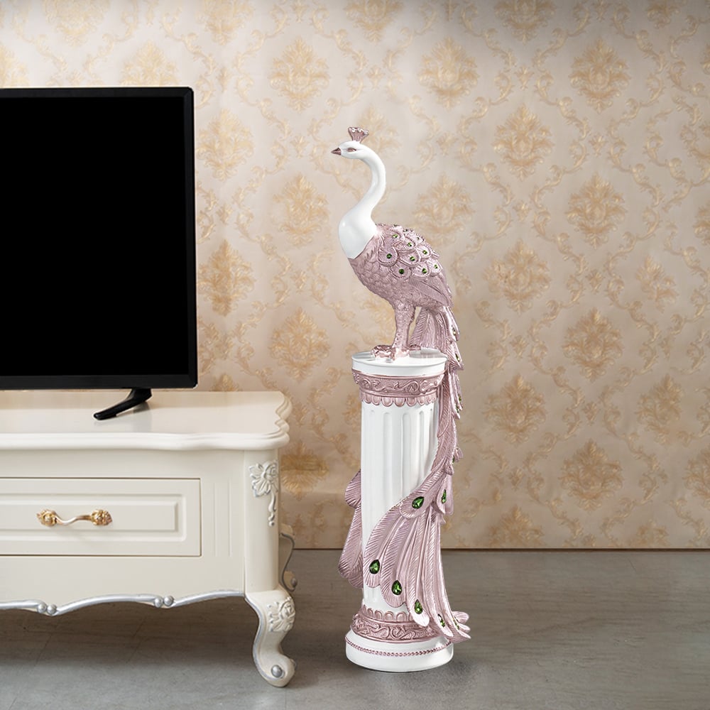 Avis Clients sur Grande sculpture de sol en forme de paon glam, 700 mm, décoration artistique, salon et chambre à coucher, en blanc et rose