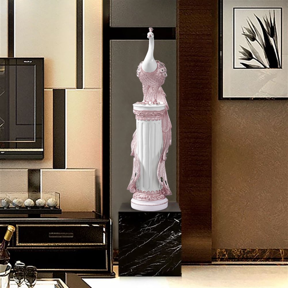 Avis Clients sur Grande sculpture de sol en forme de paon glam, 700 mm, décoration artistique, salon et chambre à coucher, en blanc et rose