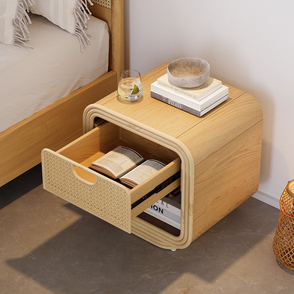 Questions et Réponses pour Table de chevet Boho en rotin naturel à 1 tiroir avec rangement ouvert