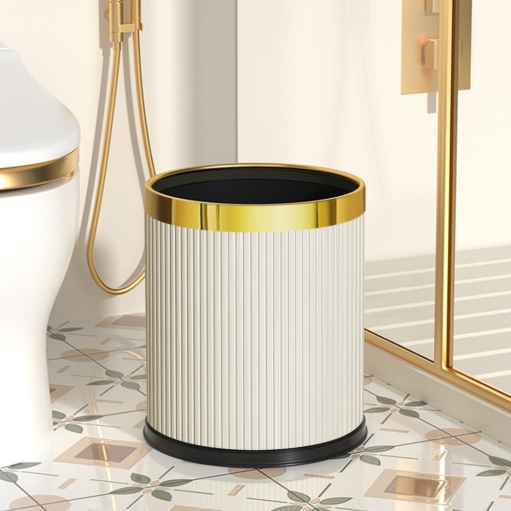 Customer Reviews for Gold & White Round Trash Can Open Top PU Leather & Metal Garbage Can for Bathroom