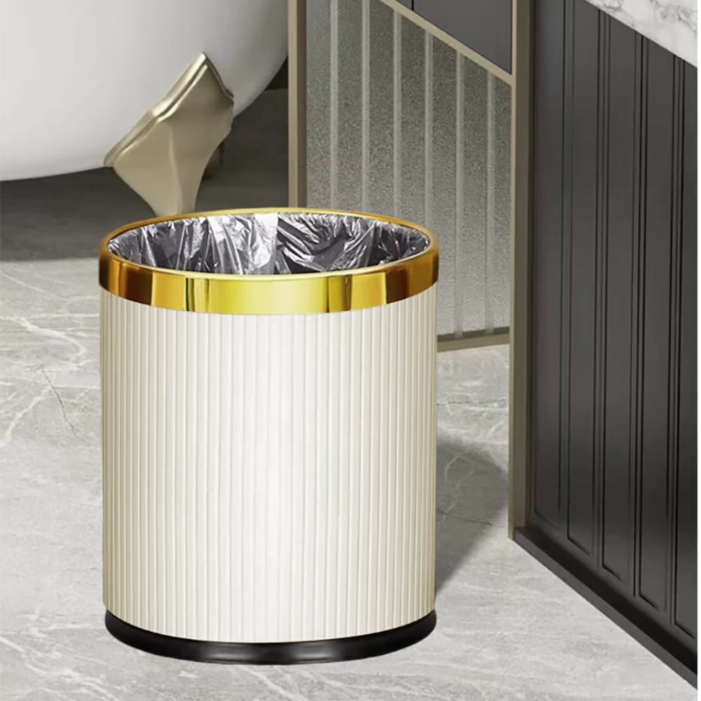 Customer Reviews for Gold & White Round Trash Can Open Top PU Leather & Metal Garbage Can for Bathroom